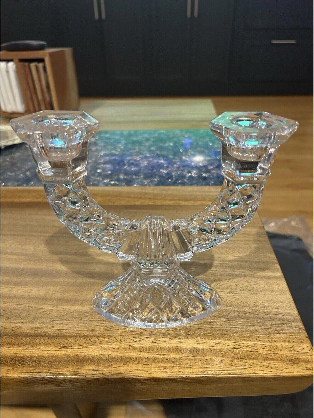 Clear Cut Glass Double CandlestickHolder - 6" Tall